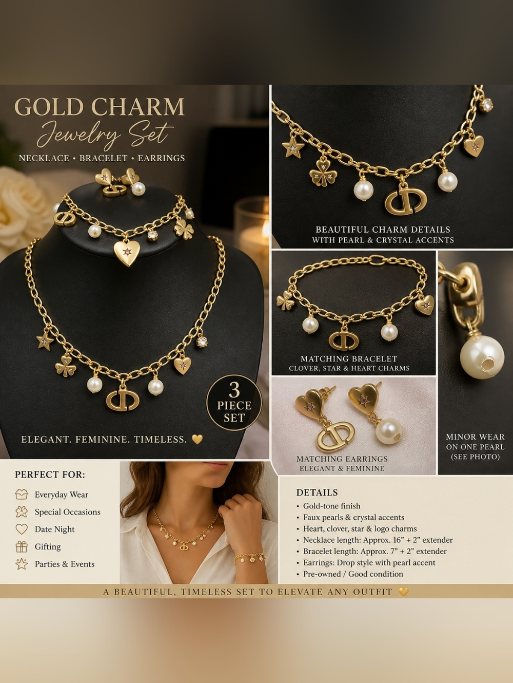 Gold-Tone Charm Necklace, Bracelet & Earrings Set - Gold